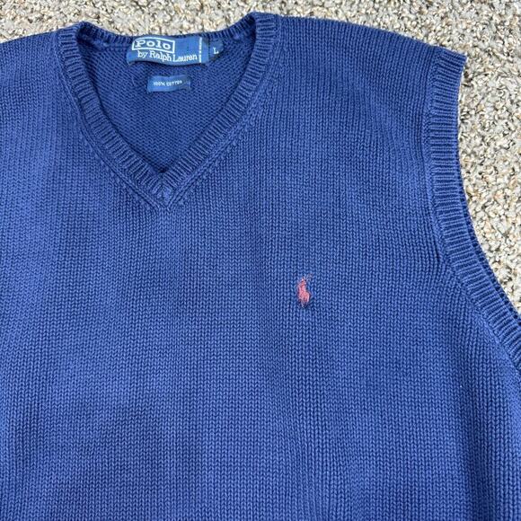 Vintage Polo Ralph Lauren Knit Vest Sweater‎ Mens Large Blue Cotton V-neck Logo - Picture 3 of 7